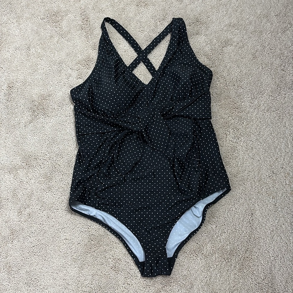 Motherhood Maternity Polka Dot Tie Front‎ Criss Cross One Piece Swimsuit Black L